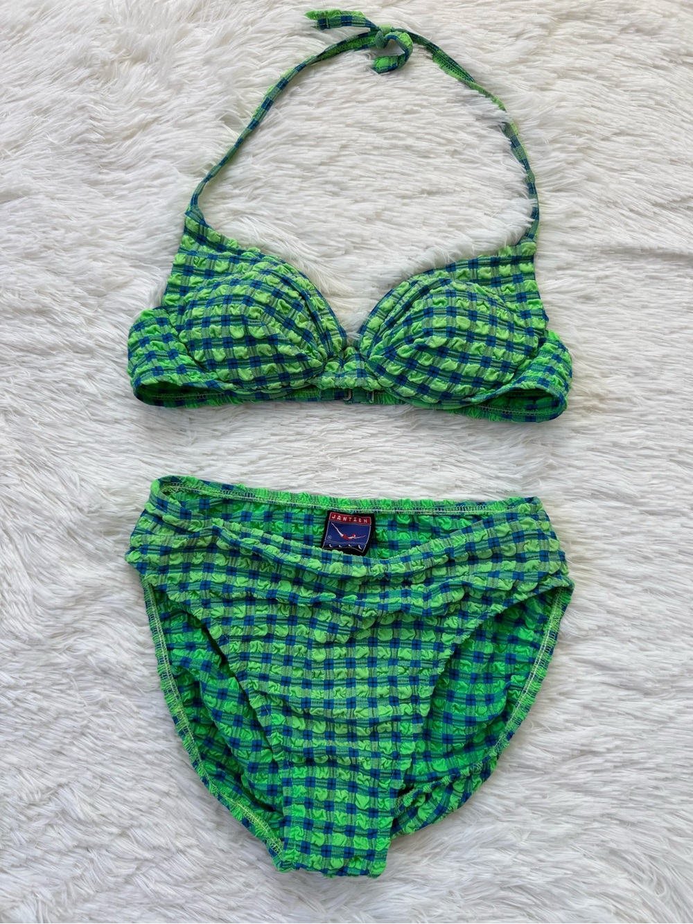 Vintage 90s Jantzen green blue gingham crinkle high cut bikini set medium